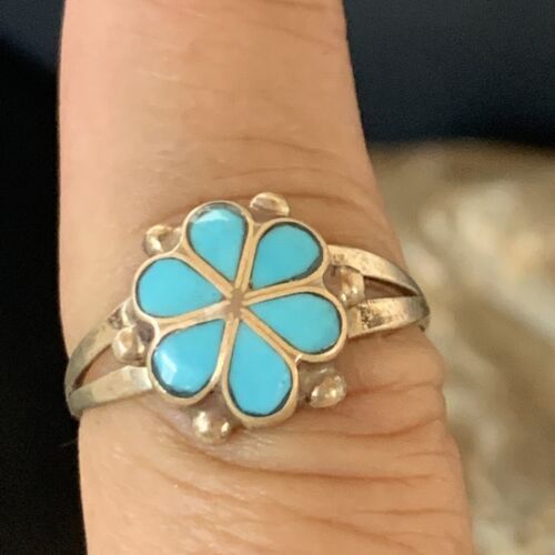 Zuni Blue Turquoise Cluster Ring | Sterling Silver Inlay | Sz 7.5 | Authentic Native American | 12945