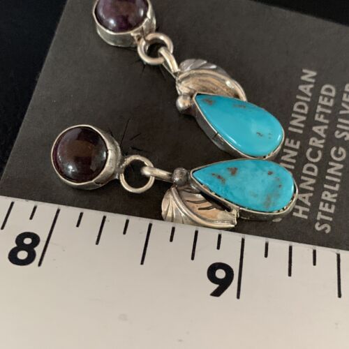Navajo Purple Sugilite and Blue Turquoise Dangle Leaf Earrings | Sterling Silver | Native American Handmade | 13454