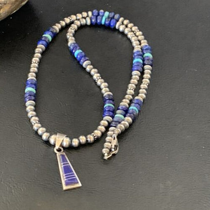 Men's Navajo Pearl Blue Lapis Turquoise Inlay Pendant Necklace | Sterling Silver | 21" | 12610