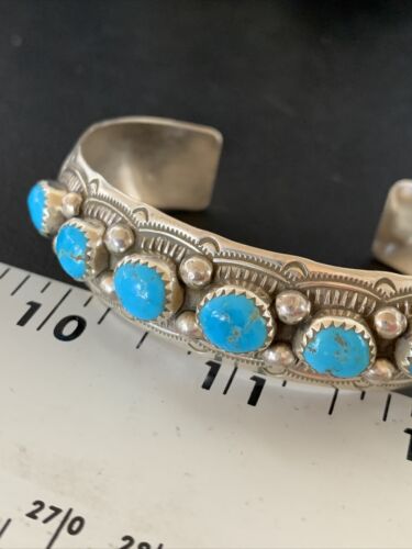 Navajo Kingman Turquoise Cuff Bracelet | Sterling Silver | Leaf Shape | 7 Stones | 12163 - Masha USA