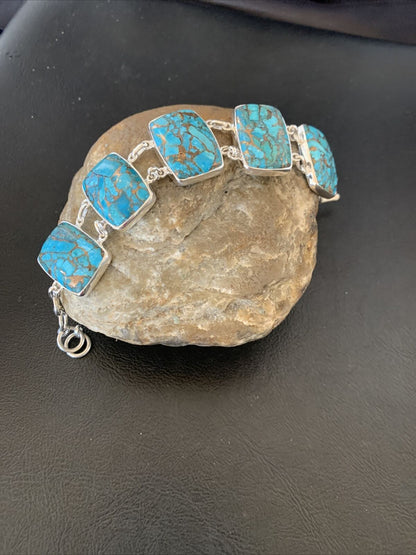 Navajo Blue Mojave Turquoise Link Bracelet | Sterling Silver | 8" | Authentic Native American Handmade | 11629 - Masha USA