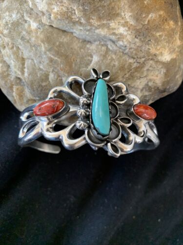 Men's Navajo Kingman Turquoise & Spiny Oyster Bracelet | Sterling Silver | Authentic Native American Handmade | 01031