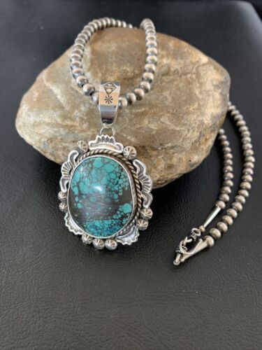 Men's Navajo Blue Spiderweb Turquoise Pendant Necklace | Sterling Silver | Authentic Native American Handmade | 10234