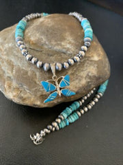 Navajo Pearl Sterling Silver Butterfly Turquoise Necklace Pendant | Authentic Native American Handmade | 12559