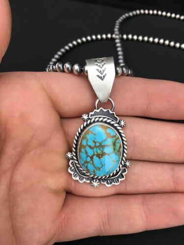 Navajo Sterling Silver Necklace | Spiderweb Turquoise Pendant | 2.25" | Authentic Native American Handmade | 13918