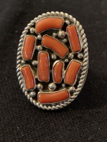 Navajo Red Coral Cluster Ring | Authentic Native American Sterling Silver | Multi-Stone | Sz 9 | 00509