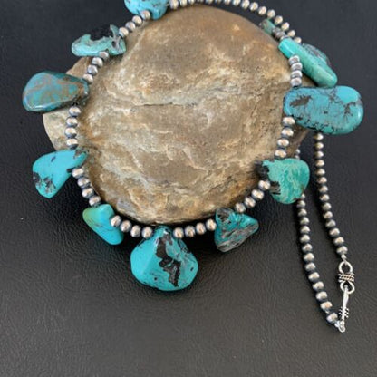 Southwestern Navajo Pearls Necklace | Sterling Silver | Blue Turquoise Teardrop | 13156