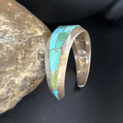 Native American Men's Blue Green Turquoise Inlay Bracelet | Sterling Silver | 14529