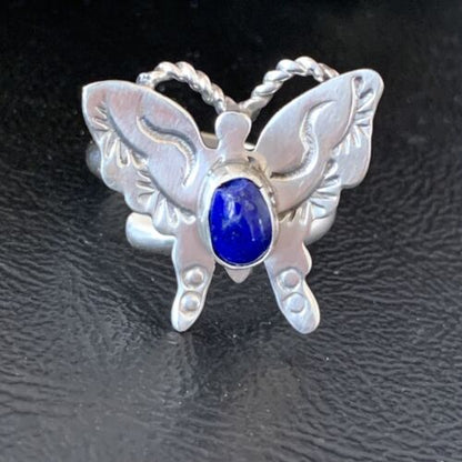 Navajo Navy Blue Lapis Butterfly Ring | Sterling Silver | Sz Adj 8 | Authentic Native American Handmade | 10352