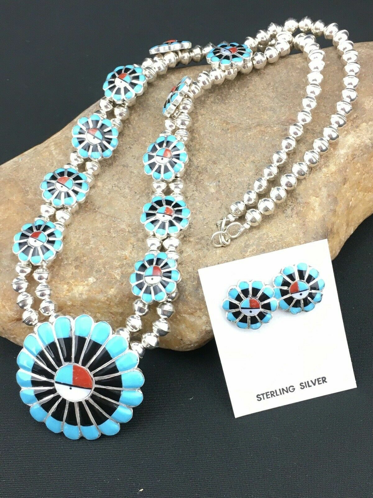 Zuni Sun Face Turquoise Inlay Sterling Silver Squash Blossom Necklace Set | Native American Handmade | 1308