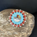 Zuni Sun Face Inlay Ring | Sterling Silver Coral Turquoise Onyx Mother of Pearl | Sz 6.5 | 14452