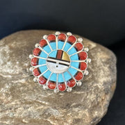 Zuni Sun Face Inlay Ring | Sterling Silver Coral Turquoise Onyx Mother of Pearl | Sz 6.5 | 14452