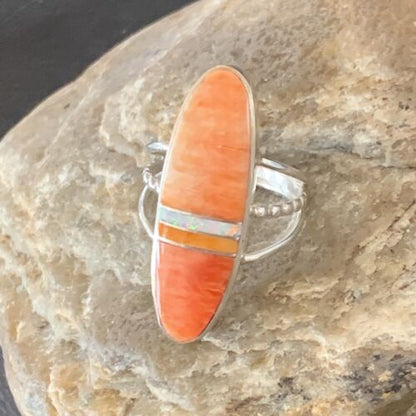 Navajo Red Spiny Oyster Opal Inlay Ring | Sterling Silver | Sz 8 | Authentic Native American Handmade | 11581