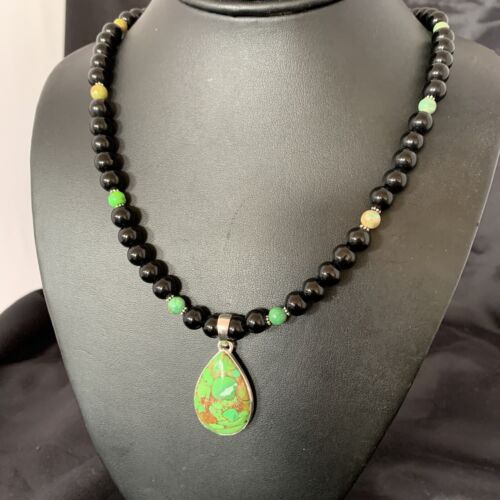 Navajo Pearls Onyx Mojave Turquoise Pendant Necklace | Sterling Silver | Authentic Native American Handmade | 10346