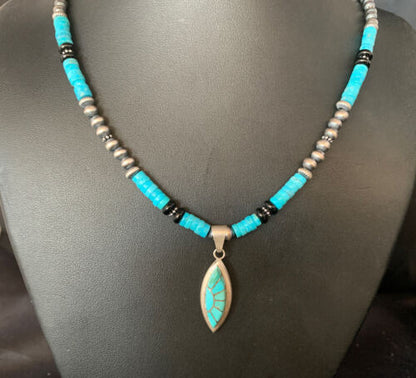 Navajo Inlay Blue Turquoise Onyx Inlay Pendant Necklace | Sterling Silver | Authentic Native American Handmade | 13797