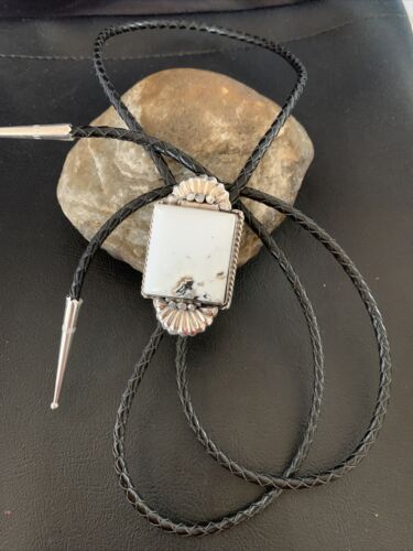 Navajo White Buffalo Turquoise Bolo Tie | Sterling Silver | Authentic Native American Handmade | 12905