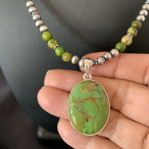 Navajo Pearl Necklace with Green Mojave Turquoise Pendant | Sterling Silver | 11757