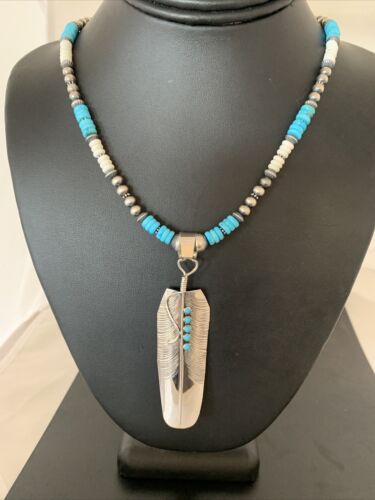 Navajo Turquoise Multi-Stone Feather Pendant | Authentic Native American Sterling Silver | Handmade | 3.5" | 02133