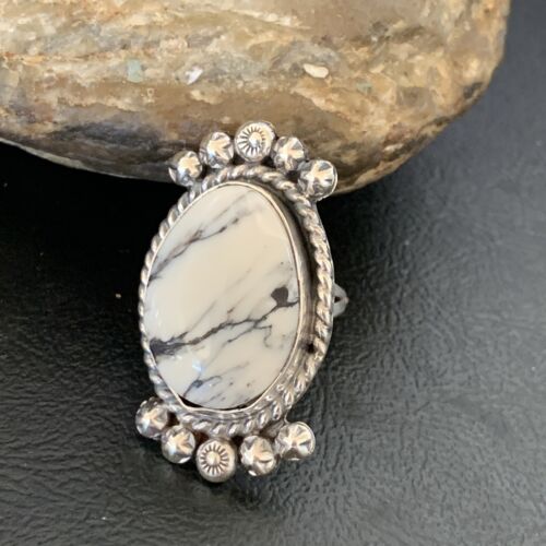 Navajo White Buffalo Turquoise Ring | Sterling Silver | Sz 8 | Authentic Native American Handmade | 13346