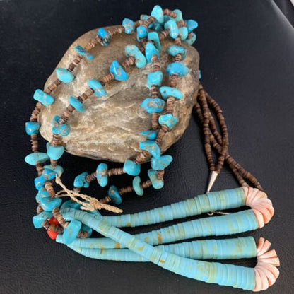 Santo Domingo Shell Blue Turquoise Bead Jacla Pendant Necklace | 30" | Authentic Native American Handmade | 13418