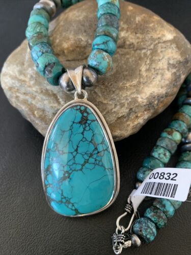 Navajo Pearls Spiderweb Beads Turquoise Necklace Pendant | Sterling Silver | Authentic Native American Handmade | 832