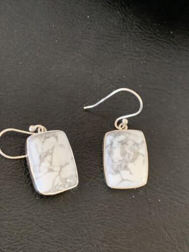 Navajo Sterling Silver White Howlite Black Dangle Rectangle Earrings | 0.75" | 12071