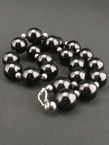 Navajo Sterling Silver Black Onyx Bead Necklace | 18" | Authentic Native American Handmade | 1104