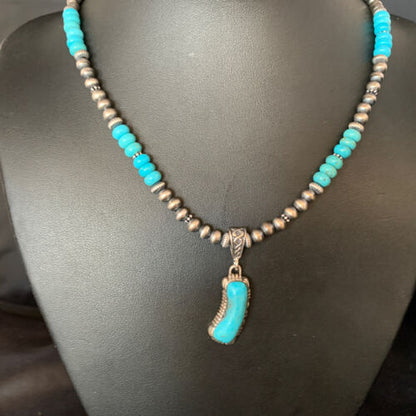 Navajo Blue Turquoise Pendant Necklace | Sterling Silver | Authentic Native American Handmade | 13826