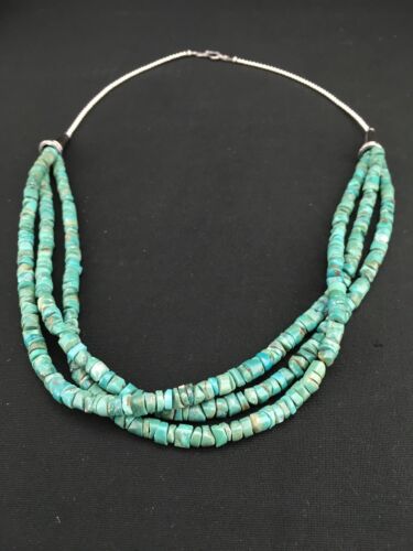 Native American Sterling Silver 3-Strand Turquoise Heishi Necklace | 27" | 6mm Beads | 1138 - Masha USA