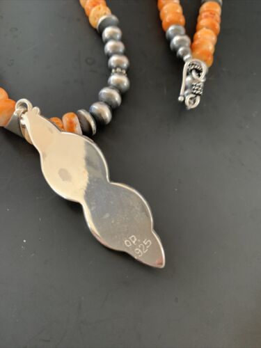 Navajo Pearls Sterling Silver Necklace | Orange Spiny Oyster Inlay Pendant | Authentic Native American Handmade | 11314