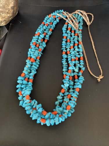 Native American Santo Domingo Spiny Blue Turquoise Shell Jacla Necklace | 5 Strand | 36" | 13194
