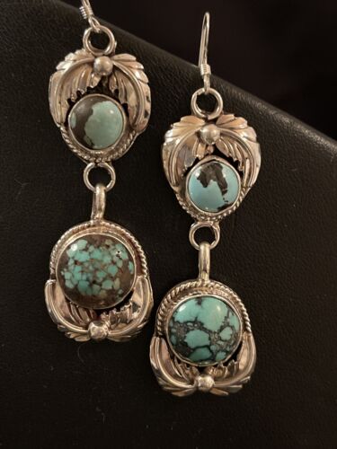 Handmade Navajo Spiderweb Turquoise Sterling Silver Dangle Earrings1238