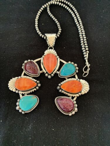 Navajo Sterling Silver Necklace with Turquoise & Spiny Oyster Naja Pendant | 00791