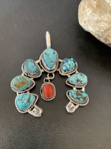 Navajo Coral Spiderweb Turquoise Pendant | Authentic Native American Sterling Silver | Naja | 02226