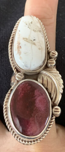 Navajo White Buffalo Turquoise & Spiny Oyster Multi-Stone Ring | Authentic Native American Sterling Silver | Sz 9 | 308