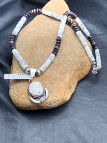 USA Navajo Purple Sugilite Howlite Bead Sterling Silver Necklace 22” 3224