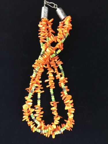Navajo Pearls 3-Strand Necklace | Sterling Silver Orange Coral | 19" | Authentic Native American Handmade | 10042