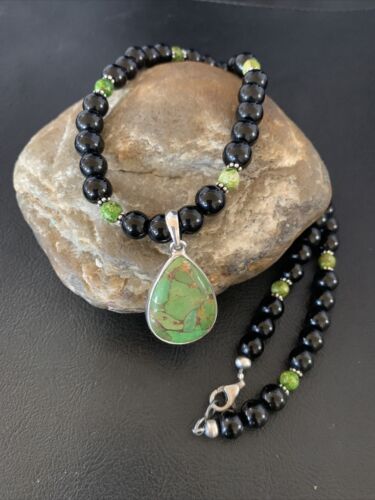 Navajo Pearls Onyx Mojave Turquoise Pendant Necklace | Sterling Silver | Authentic Native American Handmade | 13251