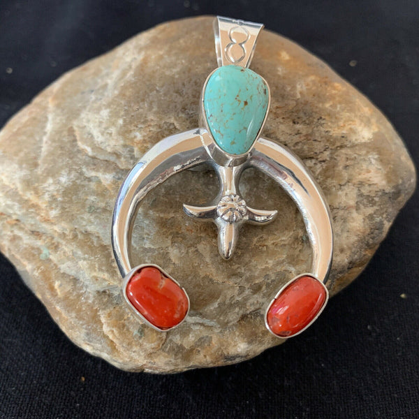 Navajo Pearls Necklace with Royston Turquoise & Coral Naja Pendant | Sterling Silver | 01428