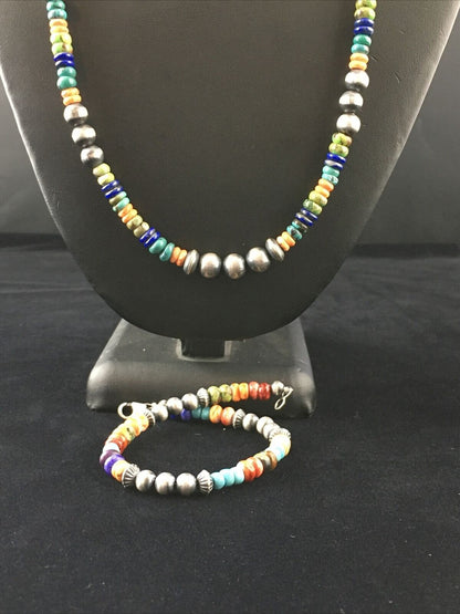 Native American Multi-Color Turquoise Necklace & Bracelet Set | Sterling Silver | 22" | Navajo Handmade | 10039 - Masha USA