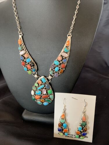 Navajo Multi-Color Turquoise Spiny Necklace & Earring Set | Sterling Silver | 2105