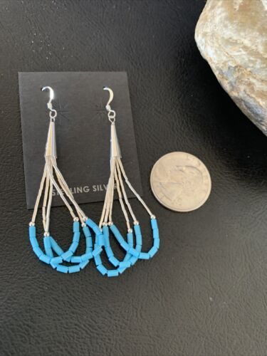 Handmade Liquid Silver Heishi Dangle Earrings | Blue Turquoise | Sterling Silver | 2" | 13049