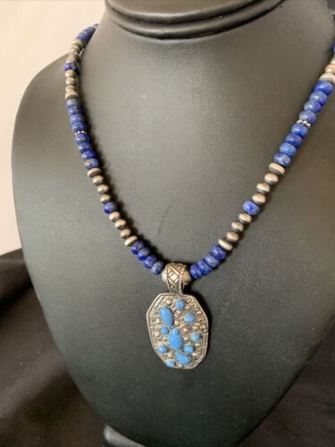Navajo Sterling Silver Blue Denim Lapis Necklace Pendant | Multi-Stone | Authentic Native American Handmade | 12262