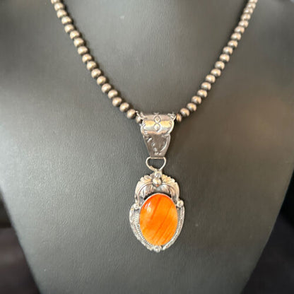 Navajo Orange Spiny Oyster Pendant Necklace | Sterling Silver | Authentic Native American Handmade | 14682
