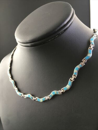 Navajo Sterling Silver Necklace | Spiderweb Turquoise Opal Inlay Pendant | 16" | 10251