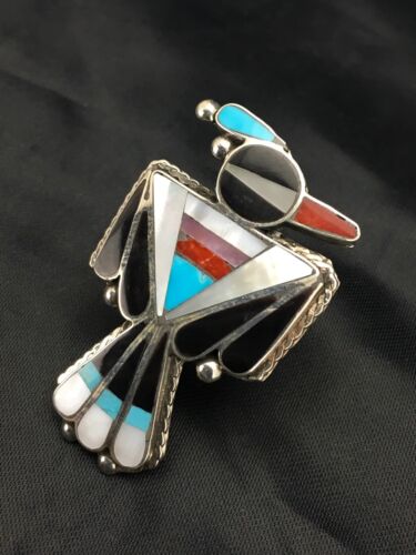 Zuni Coral, Turquoise & Onyx Inlay Bird Ring | Sterling Silver | Sz 3.5 | Authentic Native American Handmade | 2630 - Masha USA