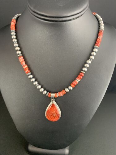 Red Spiny Oyster Pendant | Sterling Silver Navajo Pearls Necklace | Authentic Native American Handmade | 4960