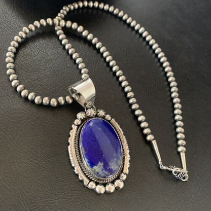 Native American Navajo Blue Lapis Pendant Necklace | Sterling Silver | Authentic Handmade | 11679 - Masha USA