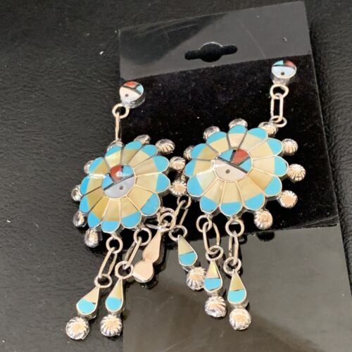 Zuni Sun Face Kingman Turquoise & Yellow Mother of Pearl Dangle Earrings | Sterling Silver | 12126