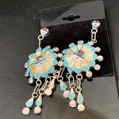 Zuni Sun Face Kingman Turquoise & Yellow Mother of Pearl Dangle Earrings | Sterling Silver | 12126